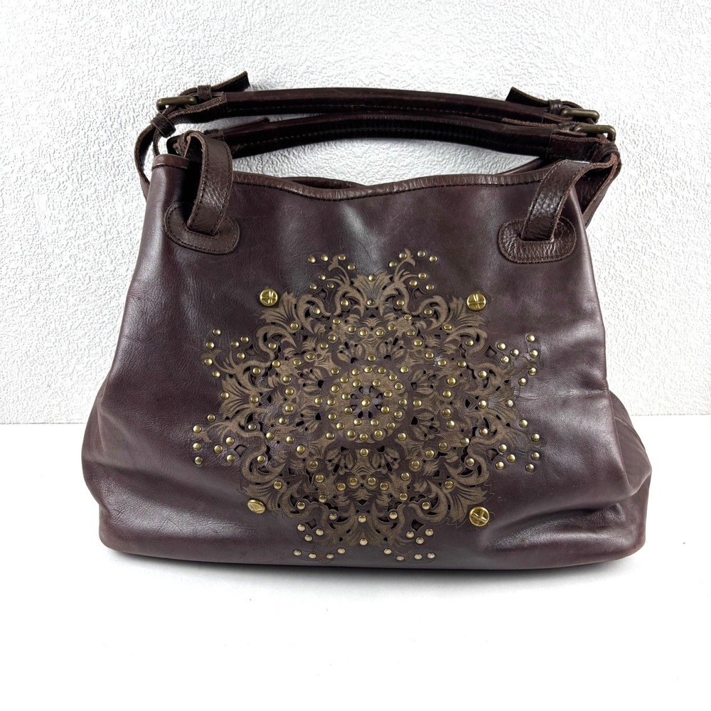 Platania Leather Hobo Bag Women Large Brown Studded Mandala Italian Made Studded